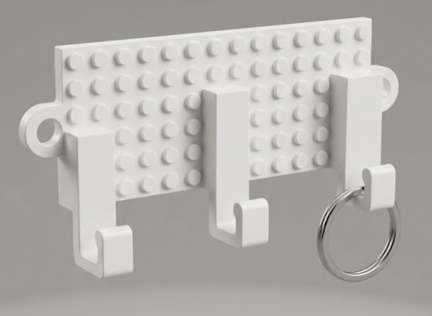 3D-gedruckter Schlüsselhalter im Baustein-Design mit Haken für Schlüsselringe, gedruckt in weißem PLA