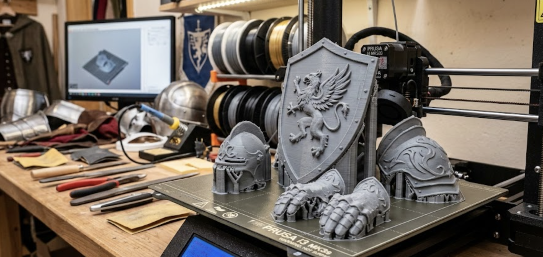 3D-gedruckte Mittelalter Rüstungsteile auf Prusa 3D-Drucker – Wappenschild mit Greif, Ritterhandschuhe und Helmteile aus PLA für LARP Cosplay und Mittelalter Reenactment